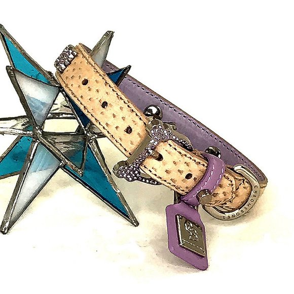Chrome Bones Other - Beige & Lavender Leather-Embossed Collar with Crystal Bones 12"-15"